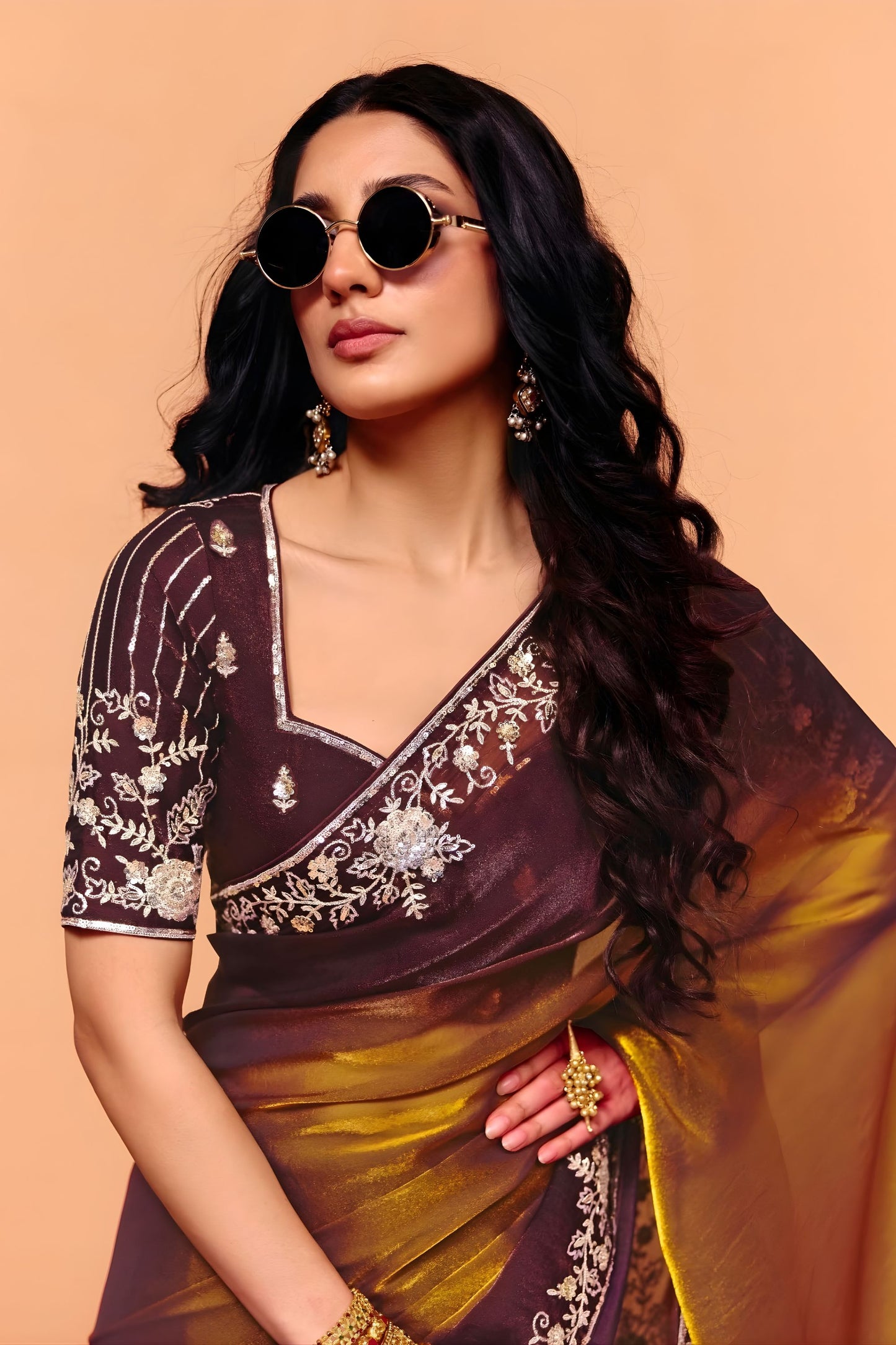 Chocolate Brown Designer Embroidered Silk Saree Zari Border Blouse Piece