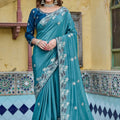 Teal Blue Silk Saree with Floral Embroidery Designer Blouse