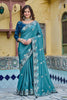 Teal Blue Silk Saree with Floral Embroidery Designer Blouse