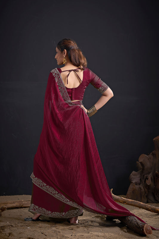 Wine Red Silk Saree with Embroidered Border Designer Saree