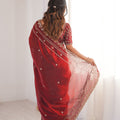 Wine Red Organza Silk Saree Golden Thread Embroidery Designer Blouse