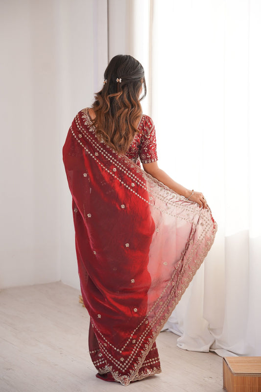 Wine Red Organza Silk Saree Golden Thread Embroidery Designer Blouse