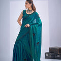 Teal Blue Organza Silk Saree Black Floral Embroidery Designer Blouse