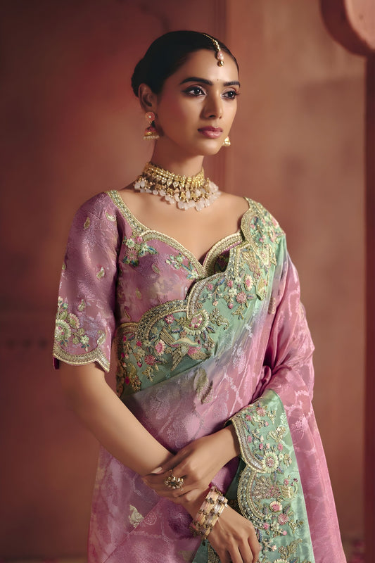 Pink Mint Green Silk Saree with Heavy Embroidered Border