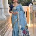 Sky Blue Linen Silk Saree with Multicolor Floral Print Woven Border