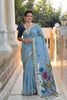Sky Blue Linen Silk Saree with Multicolor Floral Print Woven Border