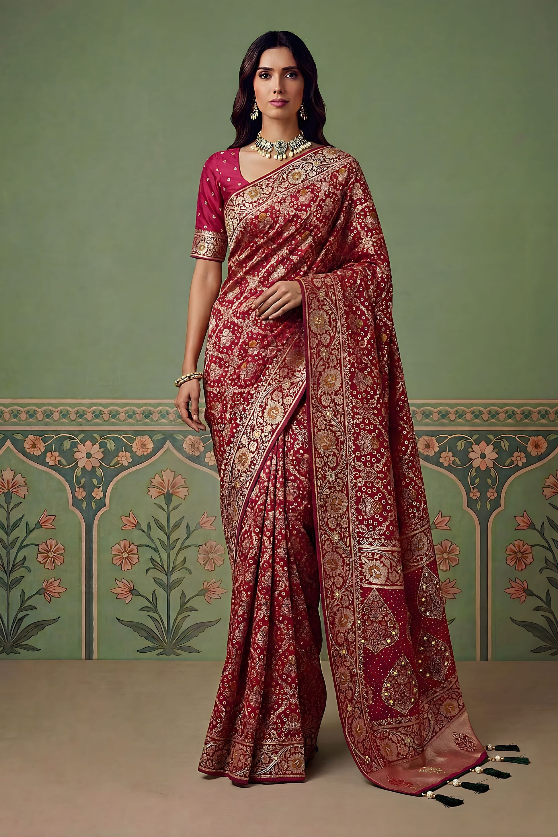 Elegant Red Heavy Embroidered Banarasi Silk Saree
