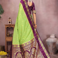 Lime Green Silk Blend Saree with Purple Zari Woven Border Rich Pallu