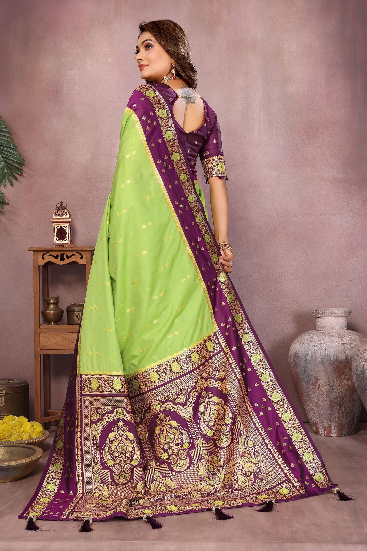 Lime Green Silk Blend Saree with Purple Zari Woven Border Rich Pallu