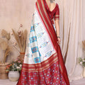 White and Sky Blue Ikat Silk Saree with Rich Red Contrast Border Traditional Saree