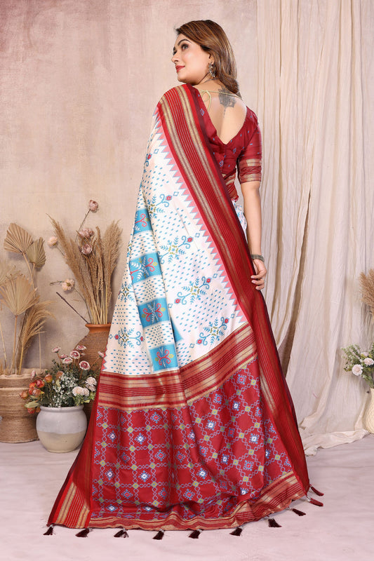 White and Sky Blue Ikat Silk Saree with Rich Red Contrast Border Traditional Saree
