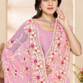 Designer Pink Net Floral Embroidered Saree Heavy Border Blouse