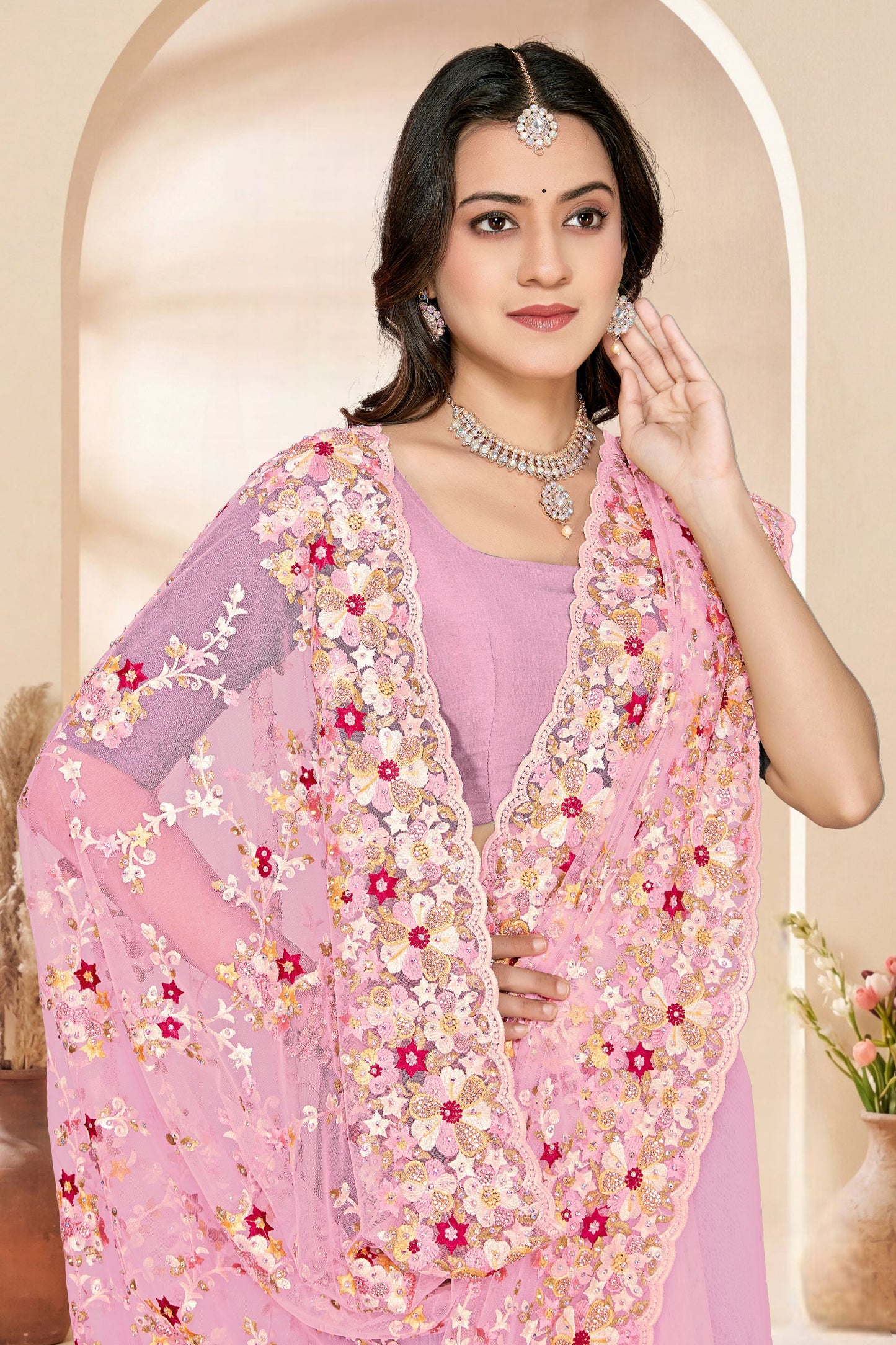 Designer Pink Net Floral Embroidered Saree Heavy Border Blouse