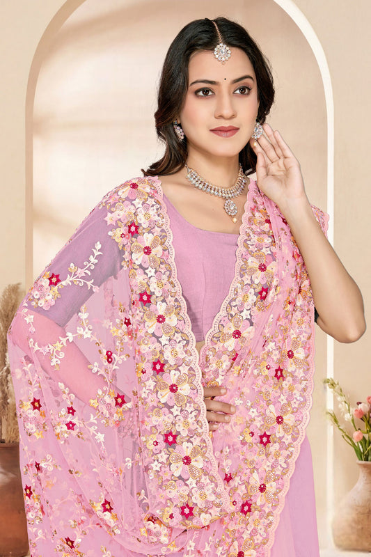 Designer Pink Net Floral Embroidered Saree Heavy Border Blouse
