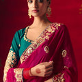Wine Red Silk Embroidered Saree Gold Border Green Designer Blouse
