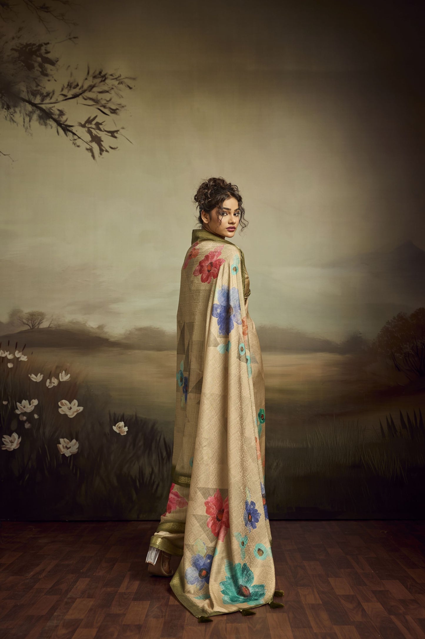 Beige Linen Silk Saree Floral Digital Print Designer Tassel Pallu
