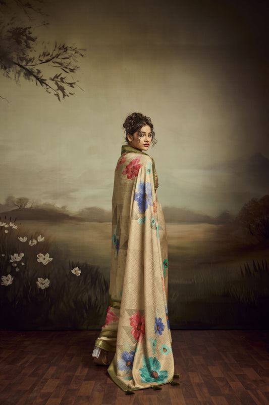 Beige Linen Silk Saree Floral Digital Print Designer Tassel Pallu