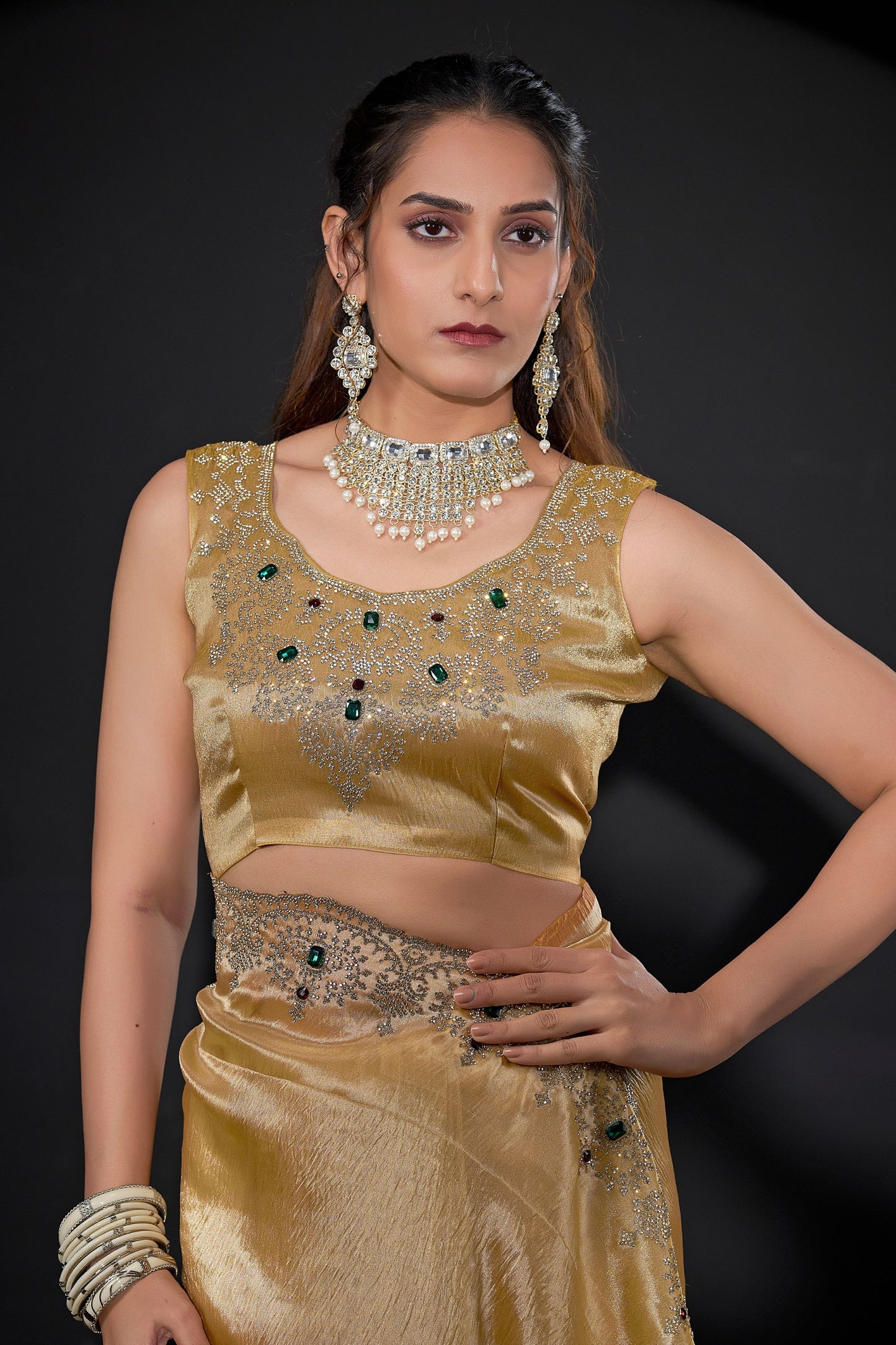 Royal Gold Shimmer Silk Saree with Heavy Zari Stone Embroidered Border
