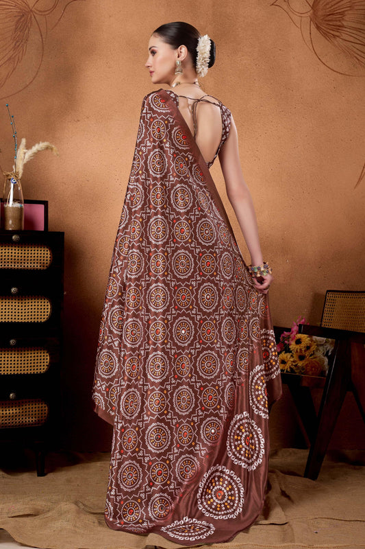 Brown Bandhani Print Saree with Ethnic Motifs Designer Saree