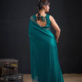 Teal Green Silk Saree Antique Silver Zari Border Party Wear Saree