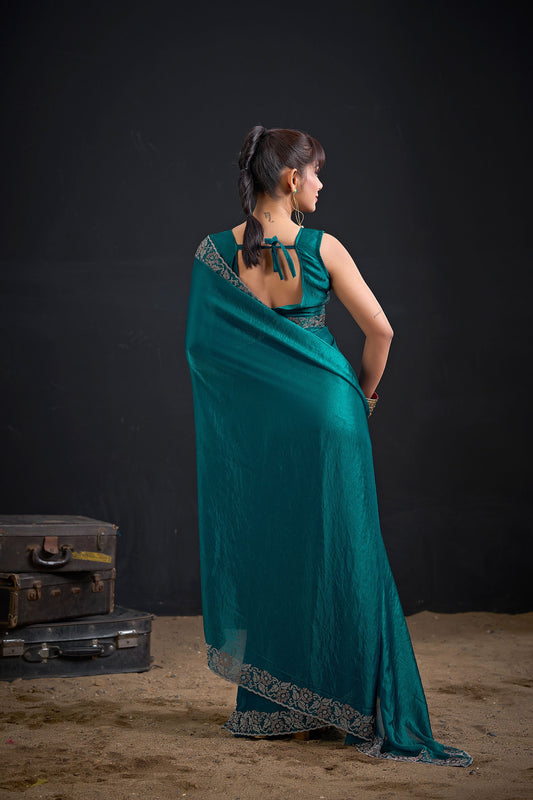 Teal Green Silk Saree Antique Silver Zari Border Party Wear Saree