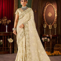 Elegant Ivory Gold Embroidered Silk Blend Saree with Designer Blouse