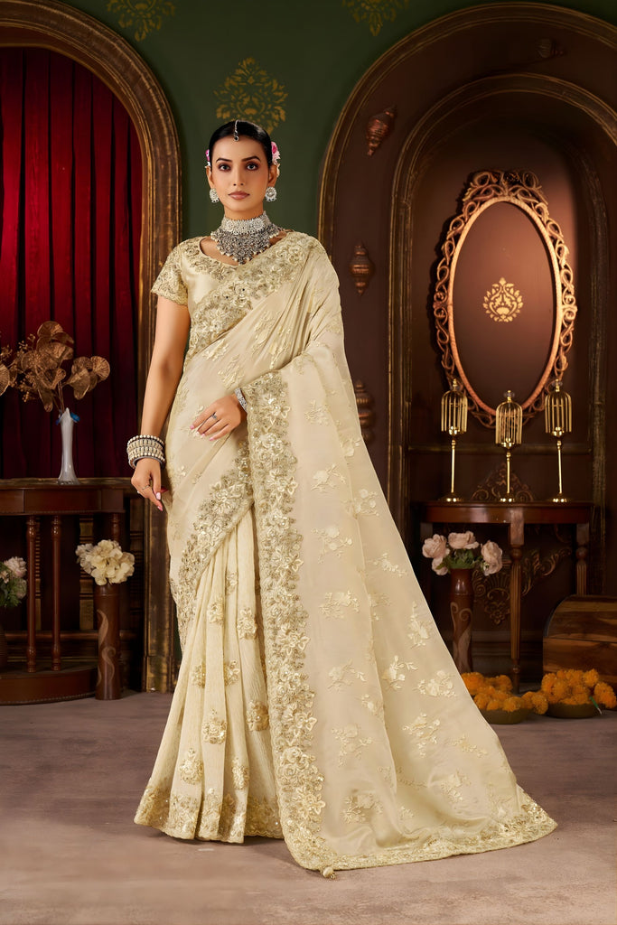 Elegant Ivory Gold Embroidered Silk Blend Saree with Designer Blouse