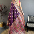 Wine Purple Kashmiri Printed Satin Silk Saree Designer Border