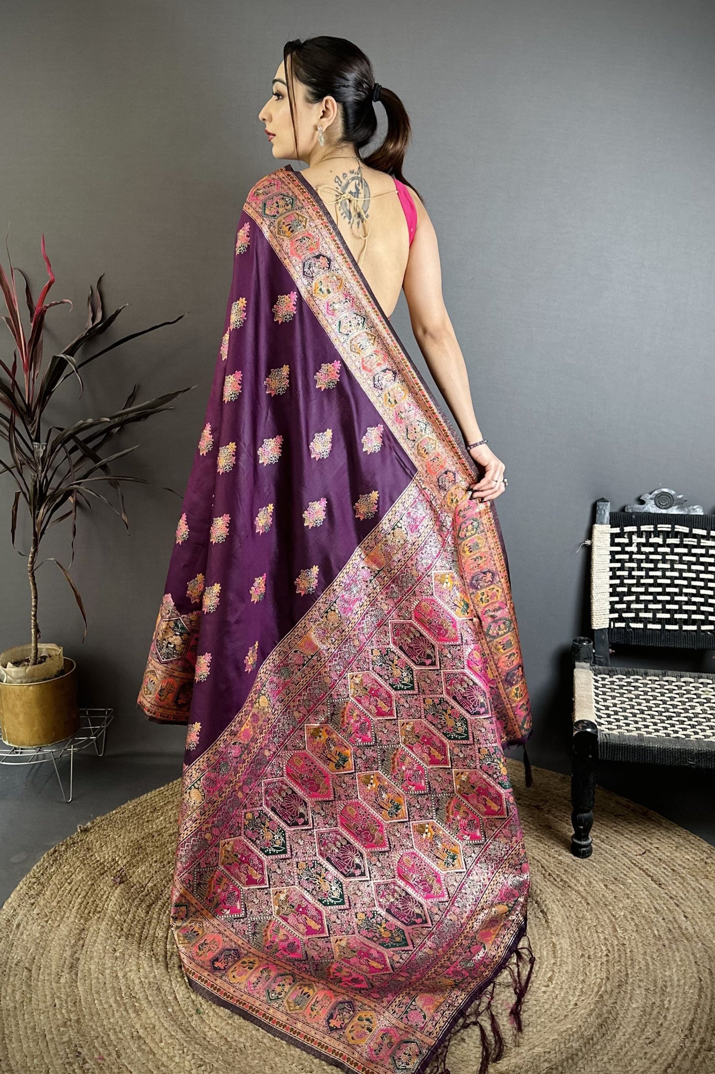 Wine Purple Kashmiri Printed Satin Silk Saree Designer Border