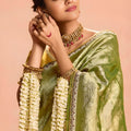 Olive Green Soft Silk Saree with Zari Weaving Designer Blouse
