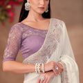 Cream Georgette Saree Embroidered Lace Border Lavender Blouse