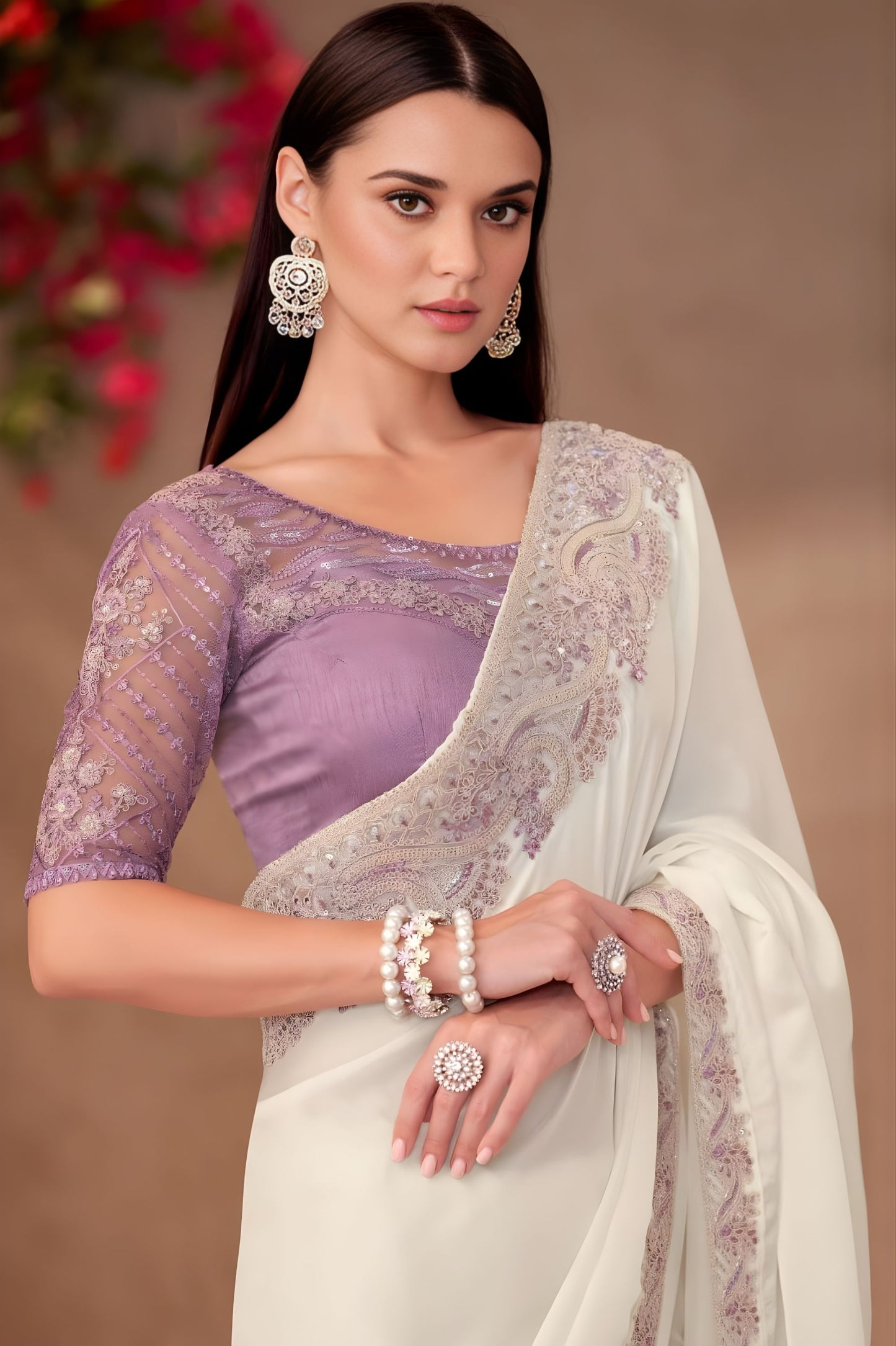 Cream Georgette Saree Embroidered Lace Border Lavender Blouse