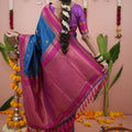 Deep Blue Silk Saree with Rani Pink Woven Border Traditional Design