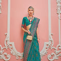 Teal Patola Printed Silk Saree with Traditional Border Festive Wear