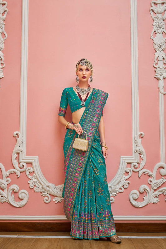 Teal Patola Printed Silk Saree with Traditional Border Festive Wear