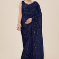 Navy Blue Net Saree with Heavy Sequins Embroidery Designer Blouse