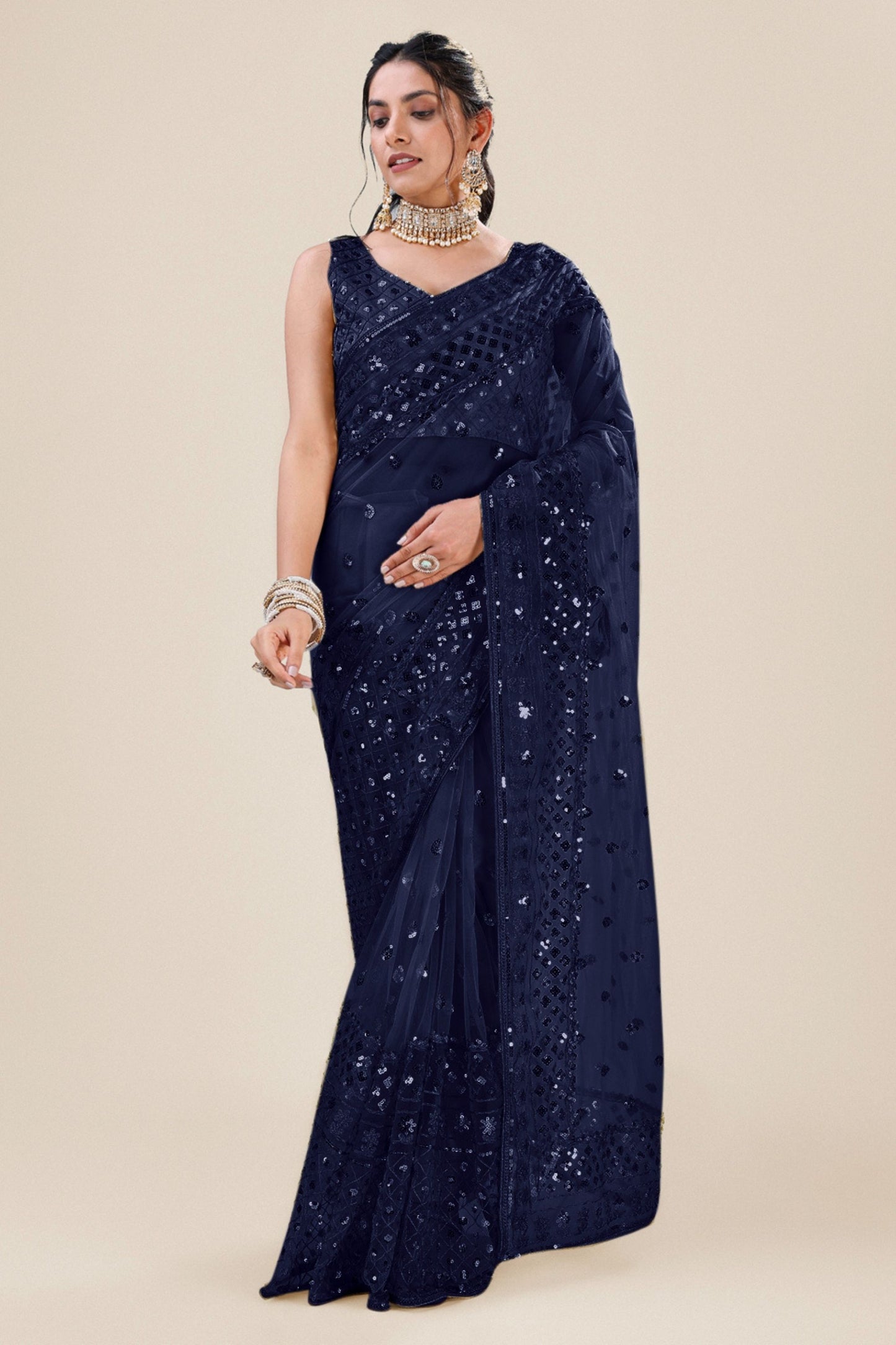 Navy Blue Net Saree with Heavy Sequins Embroidery Designer Blouse