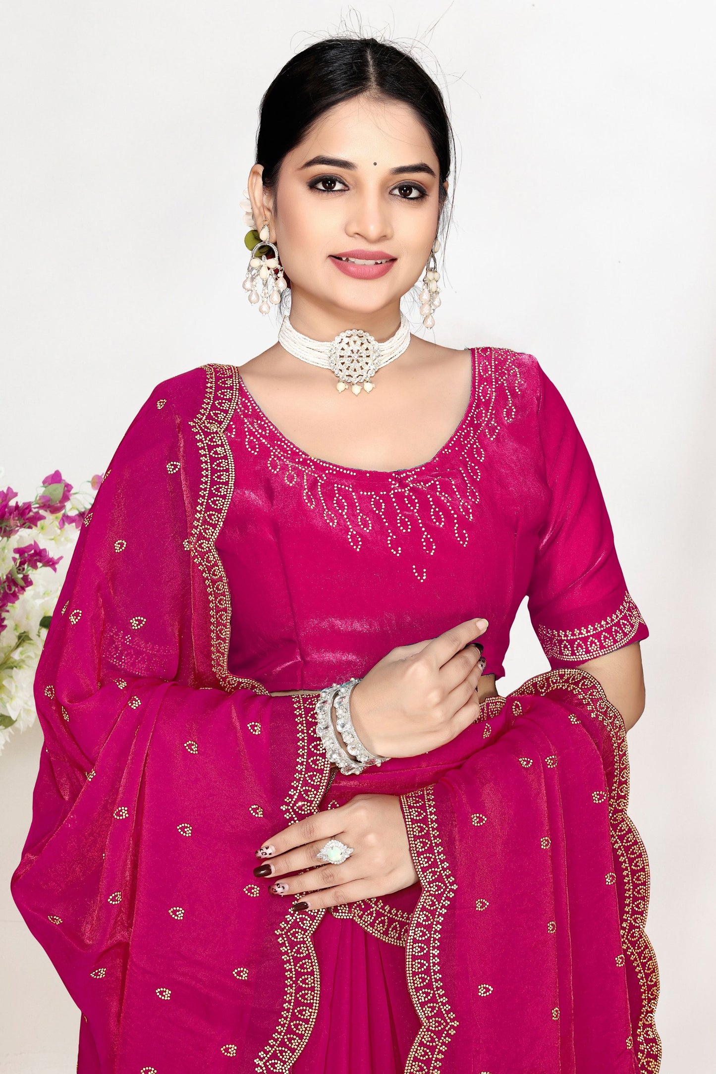 Elegant Hot Pink Silk Saree with Zari Embroidered Border Buti Work
