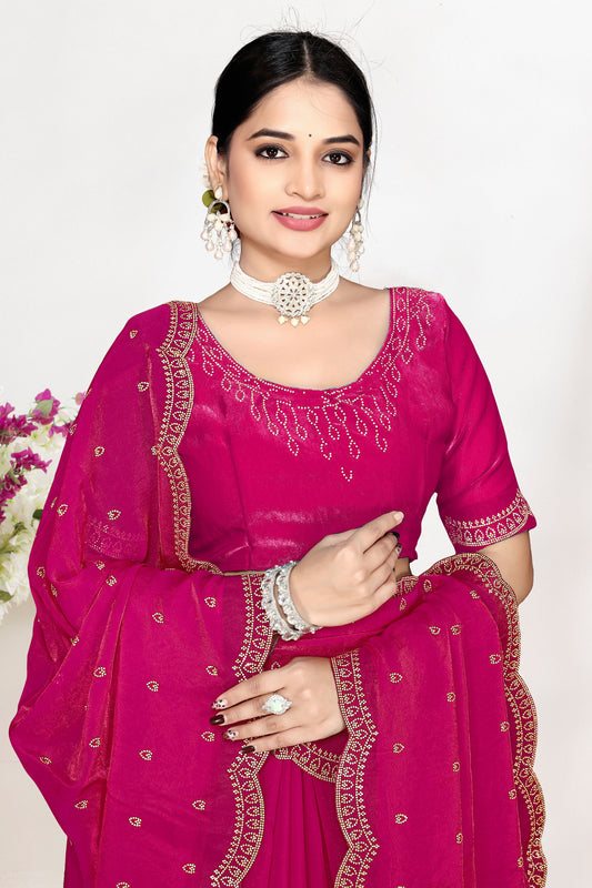 Elegant Hot Pink Silk Saree with Zari Embroidered Border Buti Work