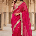 Rani Pink Organza Saree Golden Embroidered Border Designer Blouse