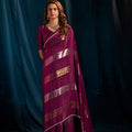 Wine Purple Satin Silk Saree with Metallic Zari Designer Party Wear