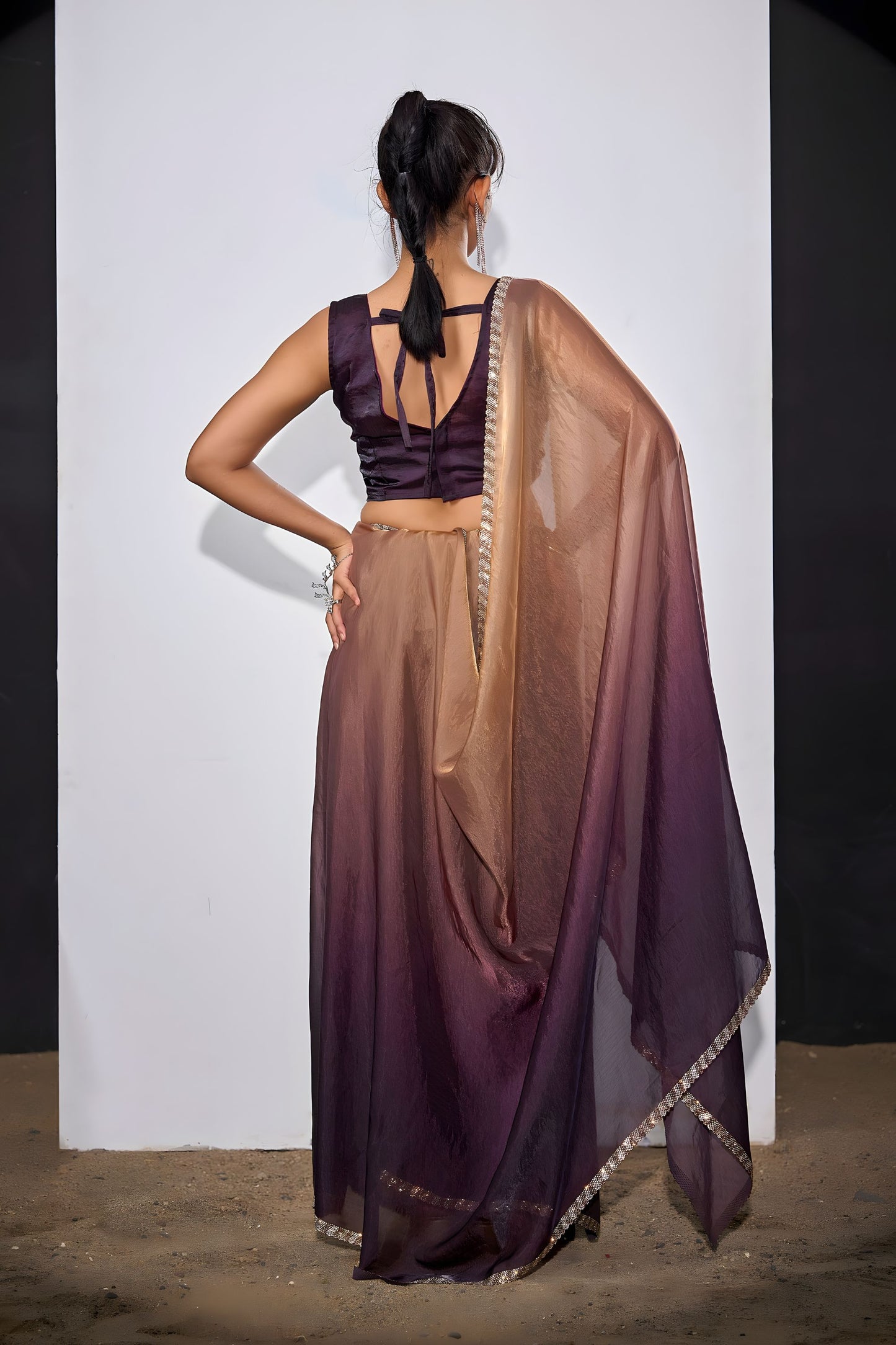 Plum Wine Copper Dual Tone Saree with Designer Border