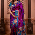 Magenta Paithani Silk Saree with Contrast Teal Blue Zari Border
