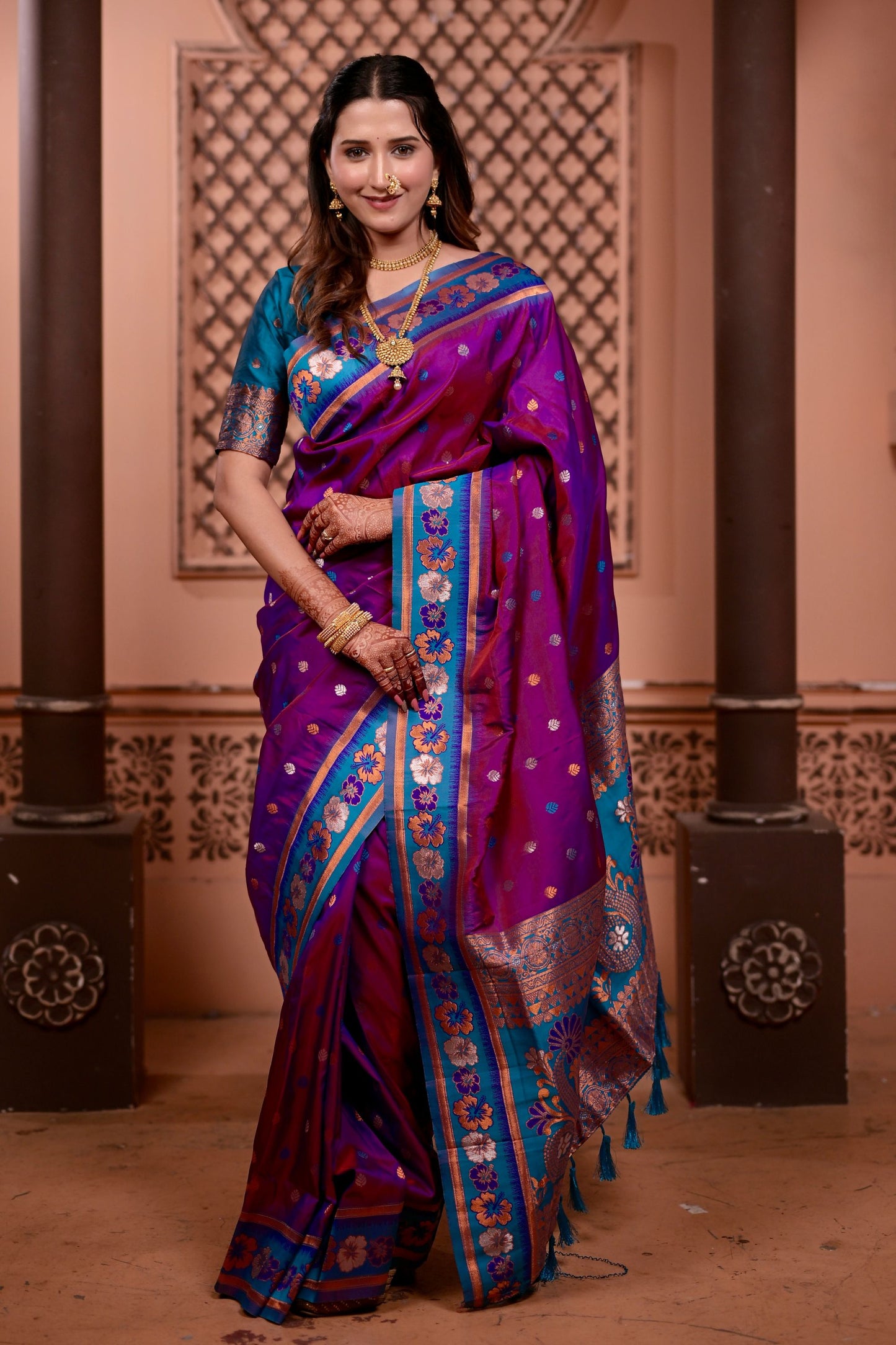 Magenta Paithani Silk Saree with Contrast Teal Blue Zari Border