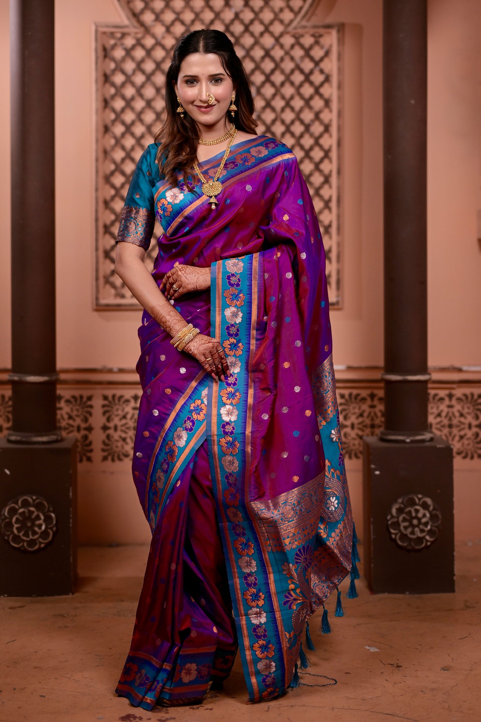 Magenta Paithani Silk Saree with Contrast Teal Blue Zari Border