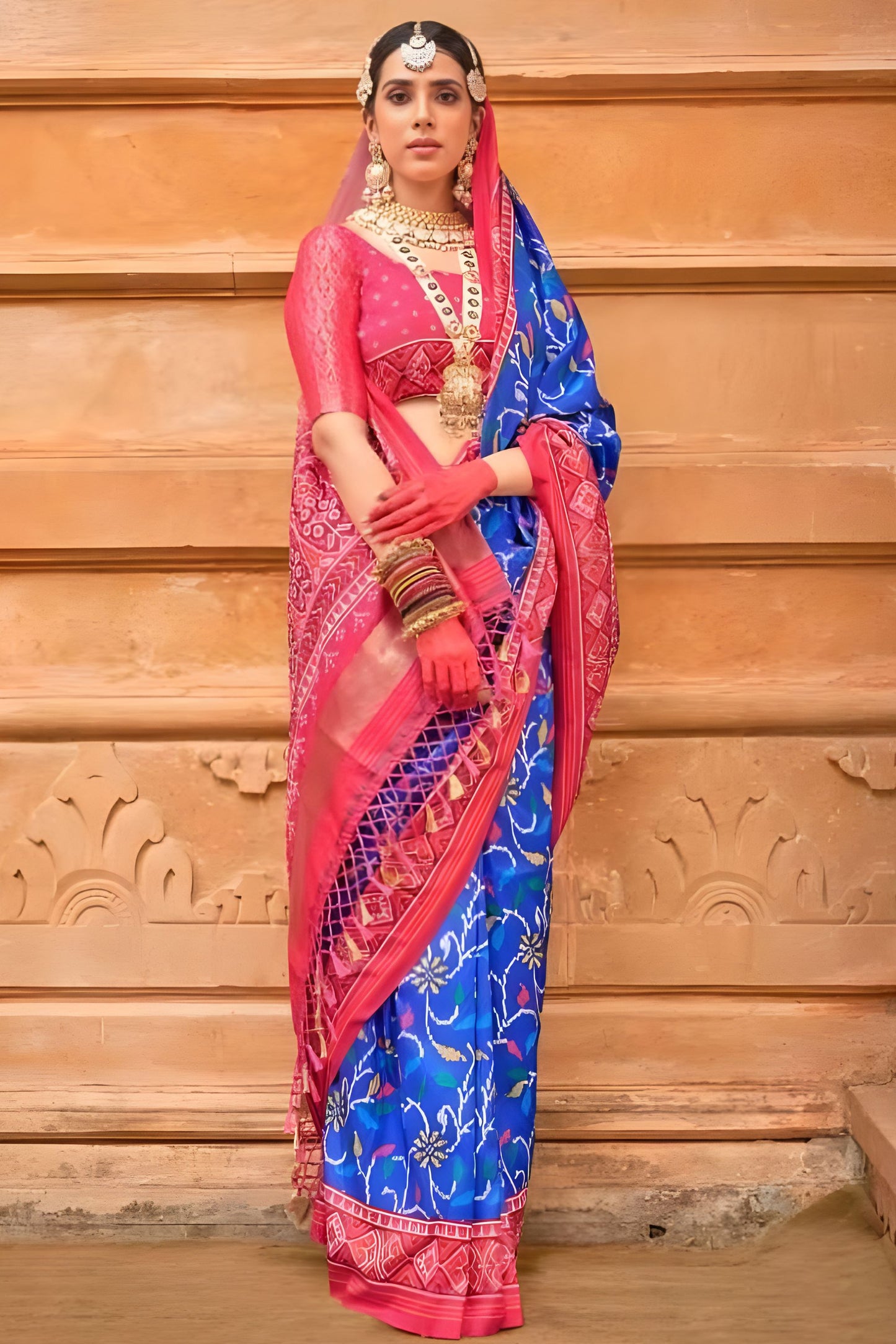 Royal Blue Pink Printed Silk Saree Traditional Designer Border