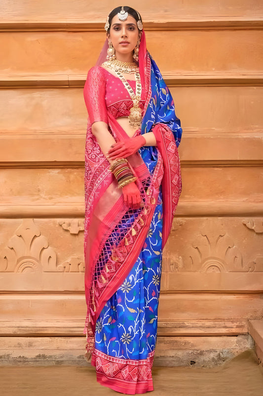 Royal Blue Pink Printed Silk Saree Traditional Designer Border
