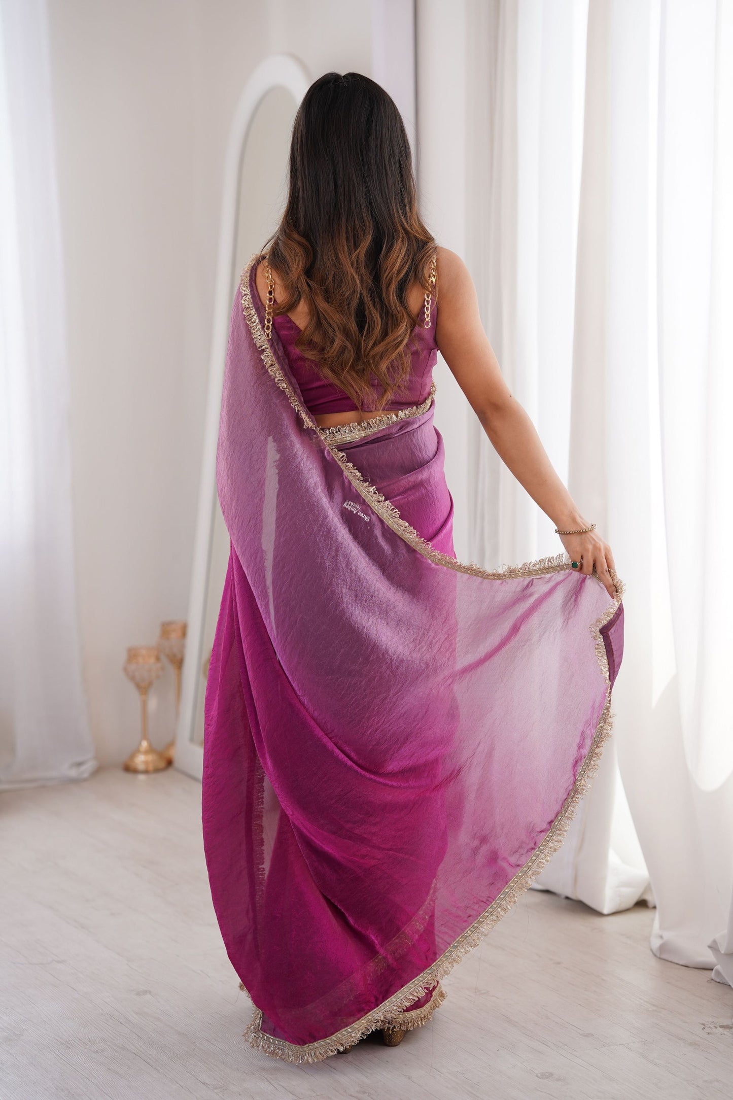 Rani Pink Organza Silk Saree with Designer Golden Lace Border