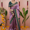 Lavender Silk Saree Dark Green Woven Border Traditional Design