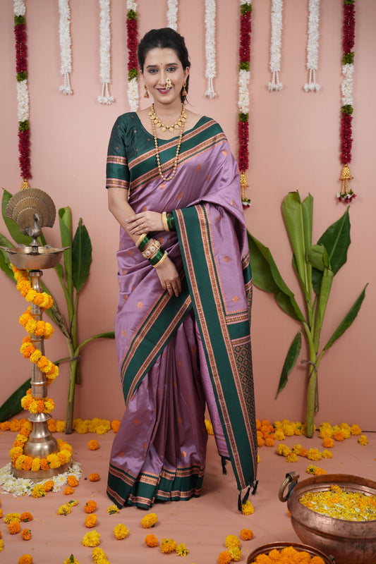 Lavender Silk Saree Dark Green Woven Border Traditional Design